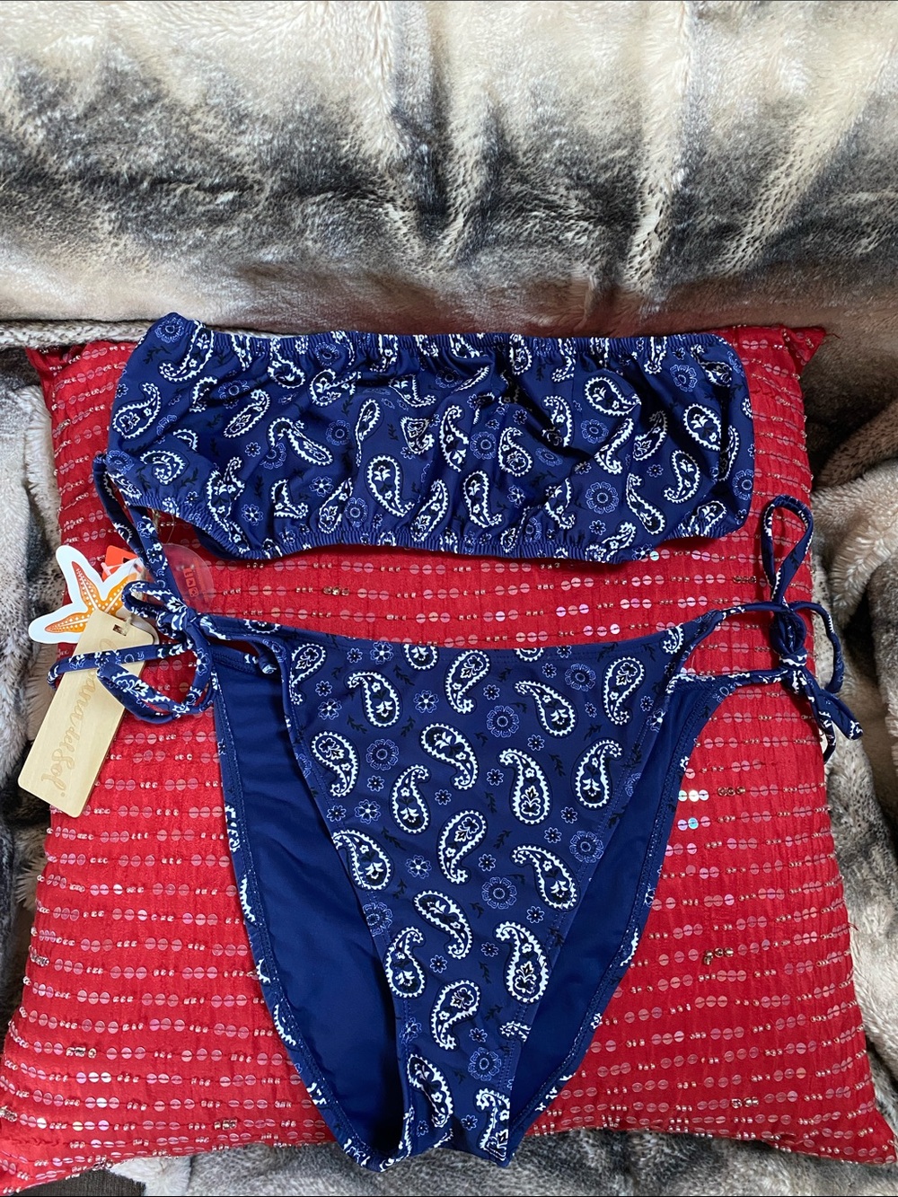 Cabana Del Sol Blue White Paisley Adorable Bikini Set NWT